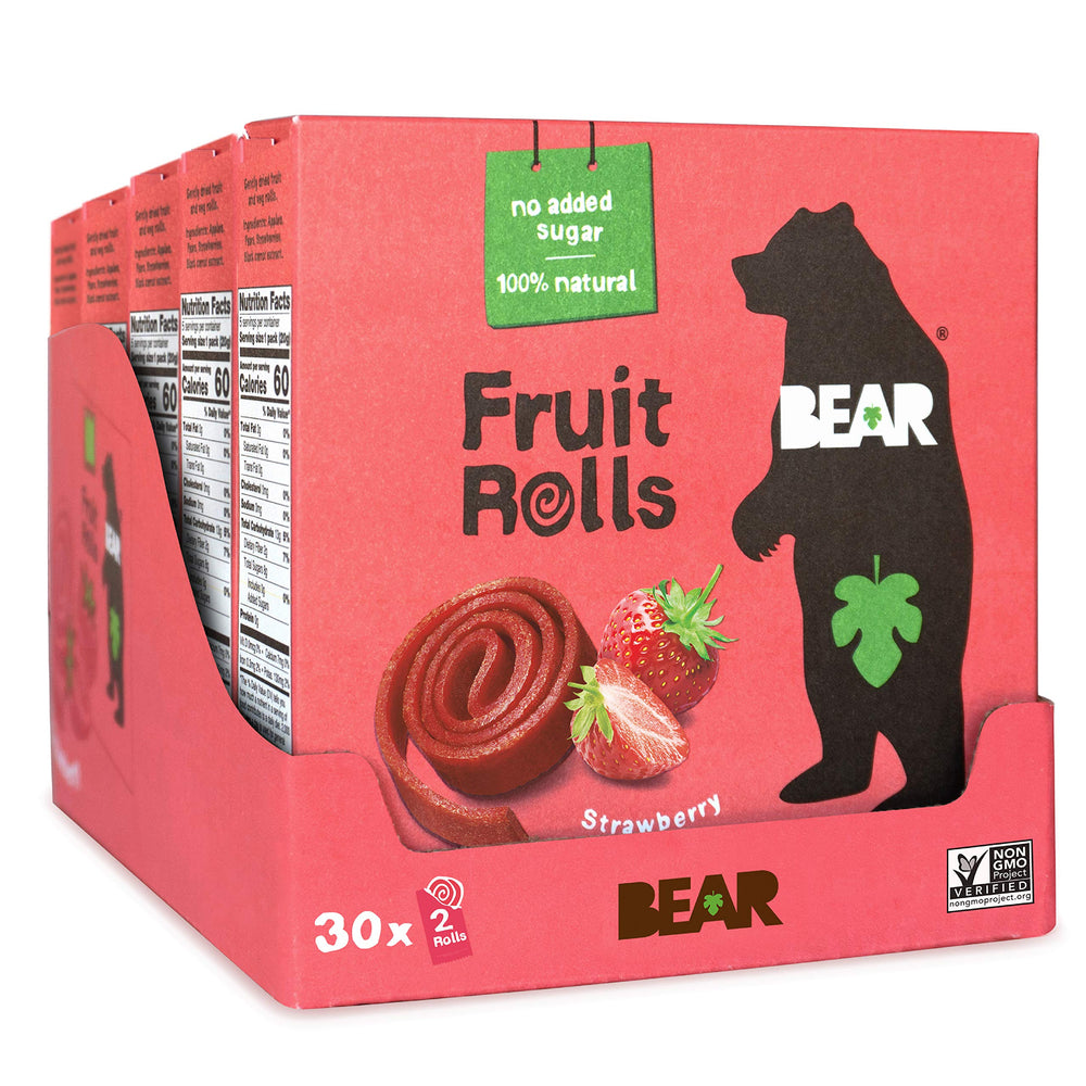 BEAR Real Fruit Snack Rolls - Healthy School And Lunch Snacks For Kids And Adults, Strawberry, 21 Ounce (Pack of 30)