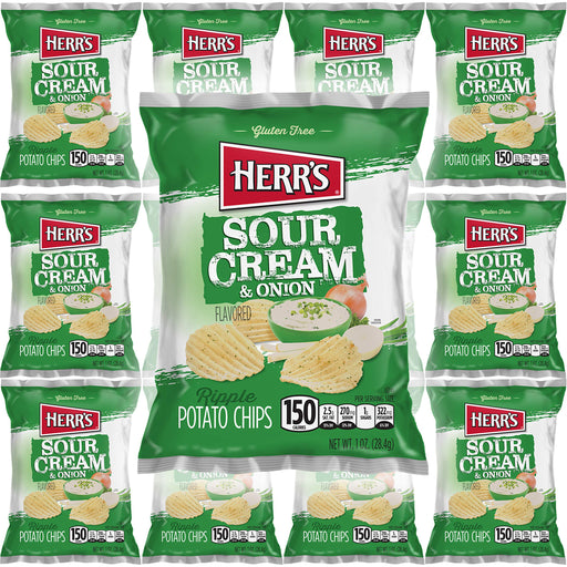 HERR'S Sour Cream & Onion Flavor, Rippled Potato Chips, Gluten-Free, 1oz Bag (12-Pack) Onion 1 Ounce (Pack of 12)