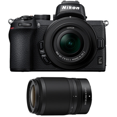Nikon Z50 20.9 MP Mirrorless Ultra HD Digital Camera - 4K - Black - Nikkor Z DX 16-50mm VR and 50-250mm VR Lenses