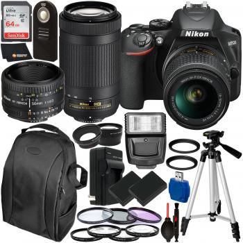 Nikon D3500 DSLR Camera with 18-55mm, 70-300mm, & 50mm Nikon Lenses and 20pc Accessory Bundle
