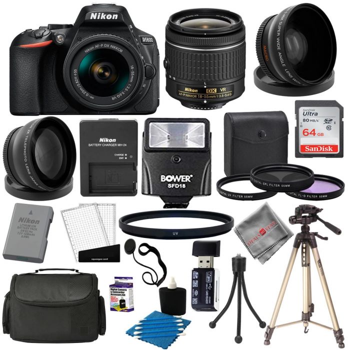 Nikon D5600 Digital SLR Camera Black with 3 Lens: 18-55mm VR Lens + 64GB Bundle