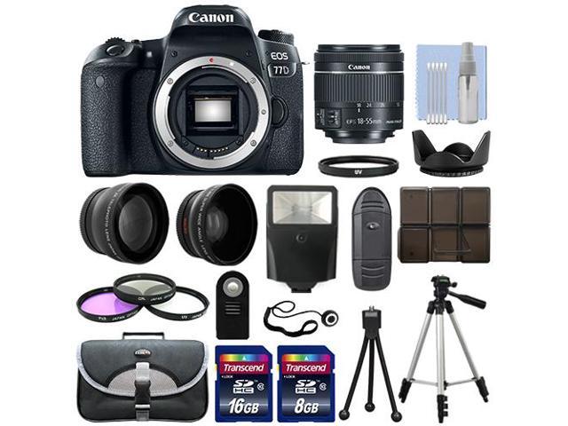 Canon Eos 77D DSLR Camera Body + 3 Lens Kit 18-55mm is STM + 24GB + Flash & More