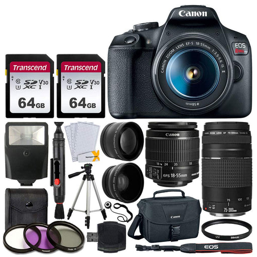 Photo4less Canon Eos Rebel T7 DSLR Camera + EF-S 18-55mm f/3.5-5.6 is II + EF 75-300mm f/4-5.6 III Lens + Canon Eos Shoulder Bag + 2x 64GB Memory Card + 58mm