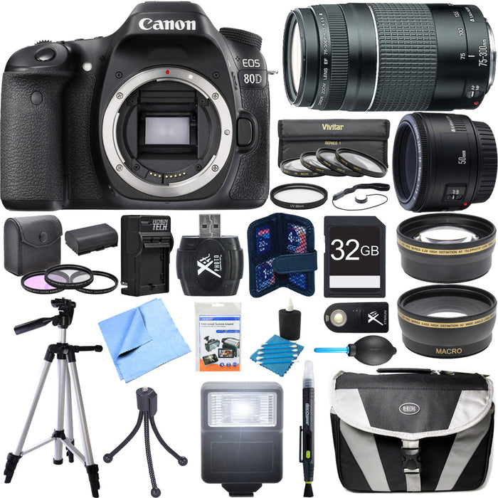 Canon EOS 80D 24.2 MP CMOS Digital SLR Camera w/ 50mm + 75-300mm Lens Super Bundle