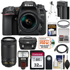 Nikon D7500 Digital SLR Camera with 18-55mm & 70-300mm VR DX AF-P Lenses & Case with 32GB Card + Battery & Charger + Tripod + Flash + Filters + Remote + Kit