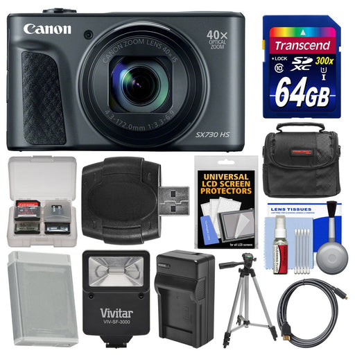 Canon PowerShot SX730 HS Wi-Fi Digital Camera (Black) with 64GB Card + Case + Flash + Battery & Charger + Tripod + Kit