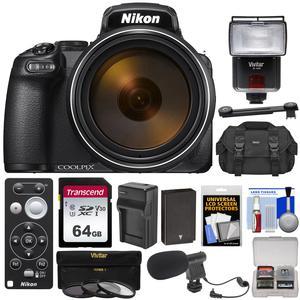 Nikon Coolpix P1000 4K 125x Super Zoom Digital Camera with ML-L7 Remote + 64GB Card + Battery & Charger + Case + Flash + Mic + 3 Filters + Kit