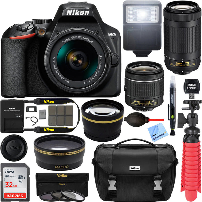 Nikon D3500 DSLR Camera w/ AF-P DX 18-55mm & 70-300mm Zoom Lens 32GB Accessory Bundle