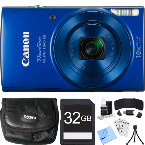 Canon PowerShot ELPH 190 IS Blue Digital Camera w/ 10x Optical Zoom 32GB Card Bundle