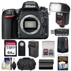 Nikon D750 Digital SLR Camera Body with 64GB Card + Battery & Charger + Case + GPS Adapter + Flash + Kit