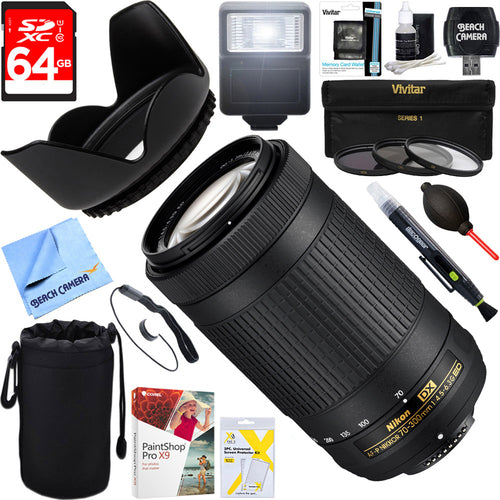 Nikon AF-P DX NIKKOR 70-300mm f/4.5-6.3G Ed Lens (20061) + 64GB Ultimate Filter & Flash Photography Bundle, Size: One size, Black