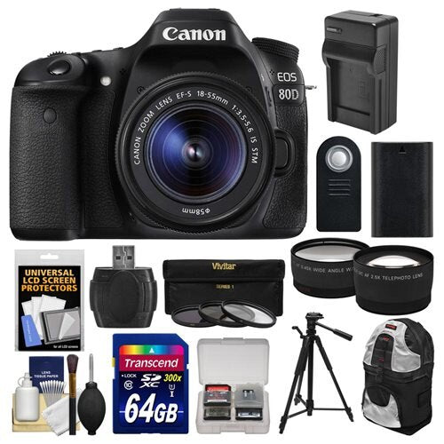 Canon Eos 80D Wi-Fi Digital SLR Camera & EF-S 18-55mm is STM Lens with 64GB Card + Battery & Charger