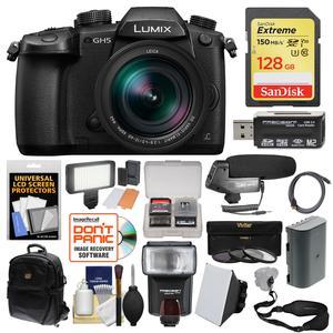 Panasonic Lumix DC-GH5 Wi-Fi 4K Digital Camera & 12-60mm f/2.8-4.0 Lens with 128GB Card + Backpack + Flash + Video Light + Battery + 3 Filters Kit