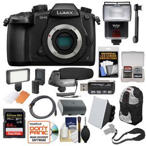 Panasonic Lumix DC-GH5 Wi-Fi 4K Digital Camera Body with 64GB Card + Battery + Case + Flash + Video Light + Microphone + Strap + Kit