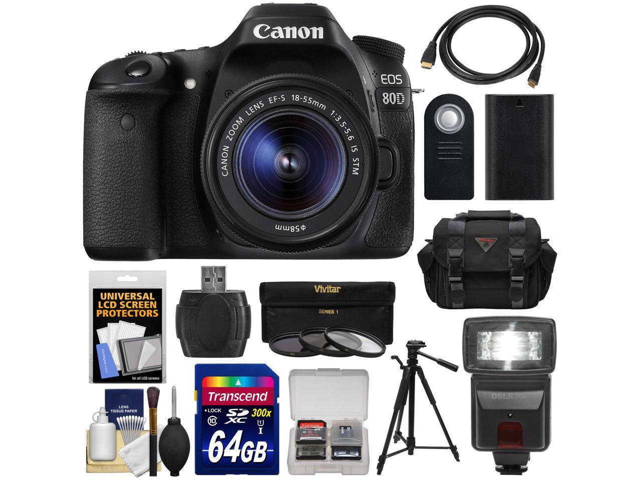 Canon EOS 80D Wi-Fi Digital SLR Camera & EF-S 18-55mm IS STM Lens with 64GB Card + Battery + Case + Flash + Tripod + 3 Filters + Kit