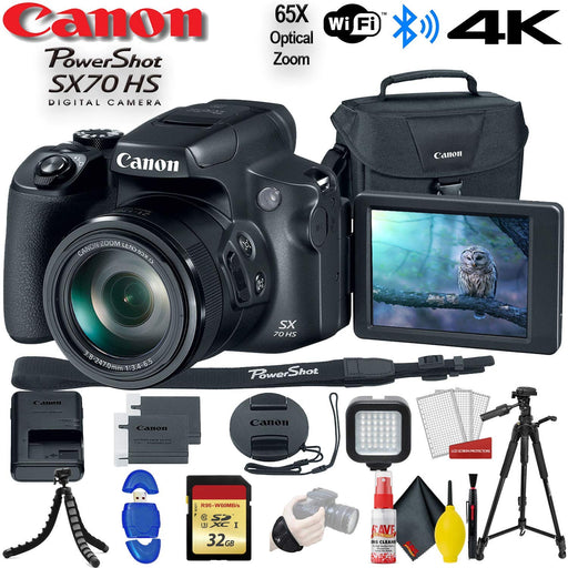 Canon PowerShot SX70 HS Digital Camera (3071C001) with 32GB Memory Card, Padded Case, Spider Tripod, LED Light, Extra battery, Full Size Tripod,m