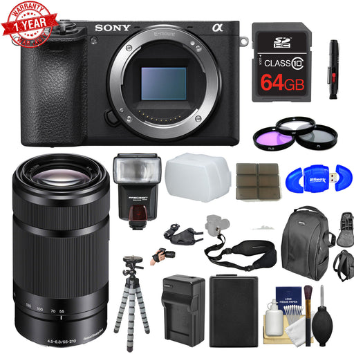 Sony Alpha a6500 4K Wi-Fi Digital Camera Body with 55-210mm Lens + 64GB Card + Backpack + Flash + Battery & Charger + Tripod + Kit