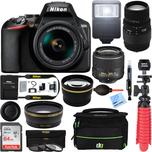 Nikon D3500 24.2MP DSLR Camera (1590) + (18-55mm VR 70-300mm Sld DG Sigma Lens Package, Black) + Bundle 64GB SDXC Memory + Photo Bag+Wide Angle Lens