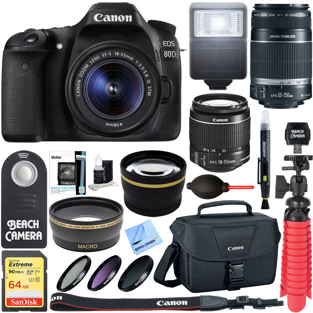 Canon EOS 80D CMOS DSLR Camera 18-55mm & 55-250mm Dual Lens Bundle & Accessory Kit