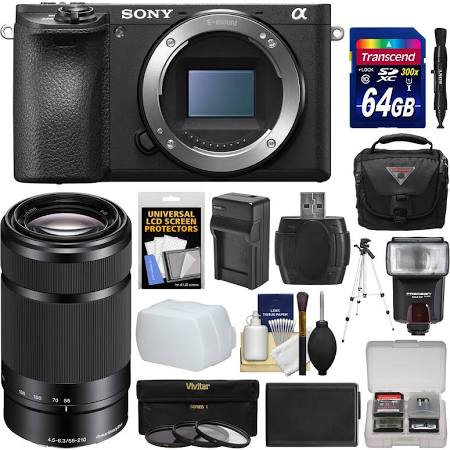 "Sony Alpha a6500 4K Wi-Fi Camera Body 55-210mm Lens 64GB Card Case Flash Battery Charger Tripod Filters KIT"