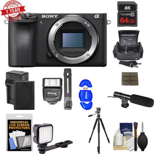 Sony Alpha a6500 4K Wi-Fi Digital Camera Body with 64GB Card + Case + Flash + Battery & Charger + Tripod + Video Light + Mic + Kit