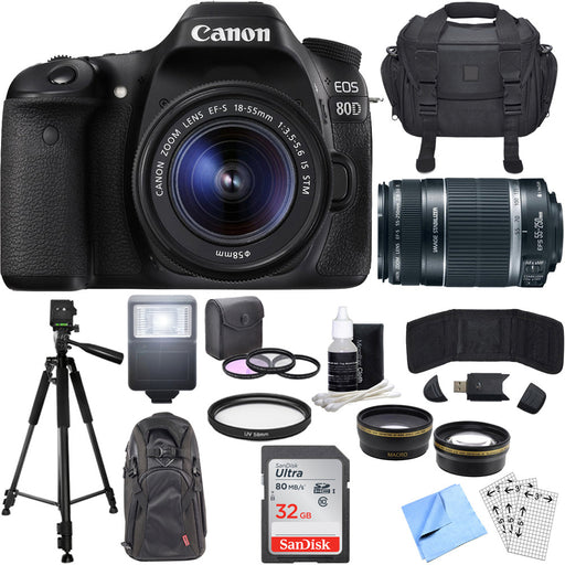 Canon EOS 80D CMOS DSLR Camera w/ EF-S 18-55mm + 55-250mm Telephoto Lens 32GB Bundle